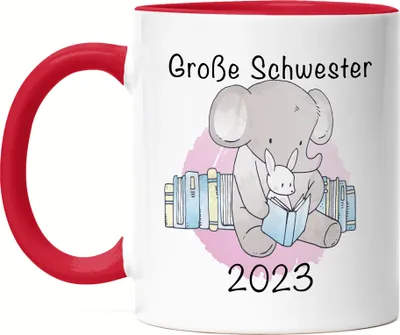 Produktbild von Große Schwester 2023 Tasse Rot Süßes Motiv Elefant Hase Schwangerschaft Geschenkidee Baby-News