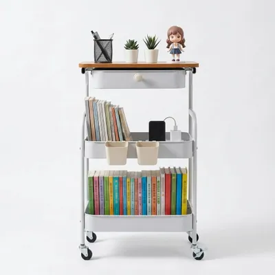 Immagine prodotto di Carrello portaoggetti mobile - Carrello di servizio - Piano in legno con cassetto - Resistente alle macchie - Struttura in acciaio - Ruote piroettanti a 360° con freno - Bianco