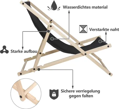 Produktbild von Liegestuhl Chair Liege Klappbar Holz mit Armauflagen Campingstuhl klappliege schwarz