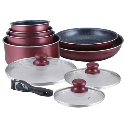 Produktbild von Herzberg HG-5000: 10-Teiliges Kochgeschirrset Mit Marmorbeschichtung Burgund