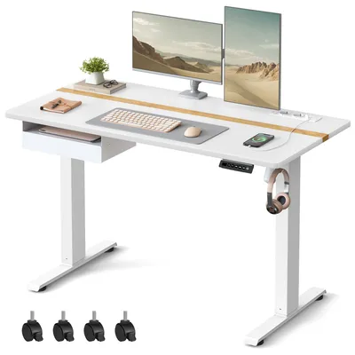 Produktbild von VASAGLE Höhenverstellbarer Schreibtisch elektrisch, mit Steckdose und Schublade, 60 x 120 cm Memory-Funktion, weiß