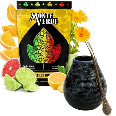 Produktbild von Yerba Mate-Tee Set mit Yerba Mate Monte Verde Citrus Bomb 500g - Keramik mate-tee tasse Marmol 350ml - Edelstahl Bombilla 19cm