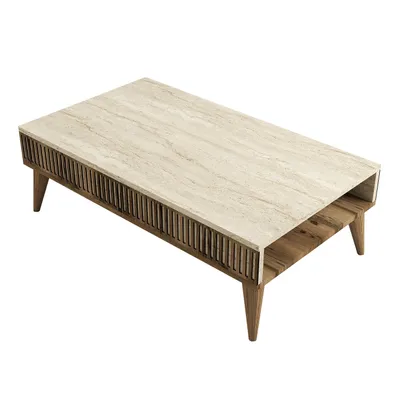 Produktbild von Skye Decor, Hochwertiger Couchtisch, Walnuss & Travertin, 105 x 35 x 60 cm | 100% melaminbeschichtete Spanplatte, 18 mm dick | Moderner, eleganter Stil für Ihr Zuhause.