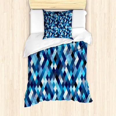 Obrázok produktu pre ABAKUHAUS Moderná sada obliečok, módne trojuholníky, šesťuholníky a geometrické tvary v modrej a bielej farbe, 135 x 200 cm + 80 x 80 cm, viacfarebná