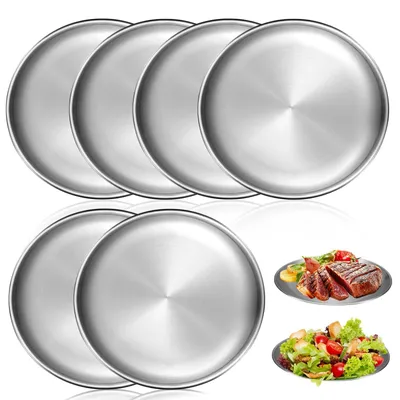 Produktbild von Set mit 6 Campingtellern aus Edelstahl, Durchmesser 20 cm