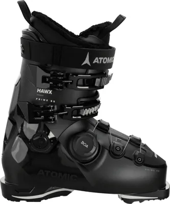 A black ski boot is shown against a white background.