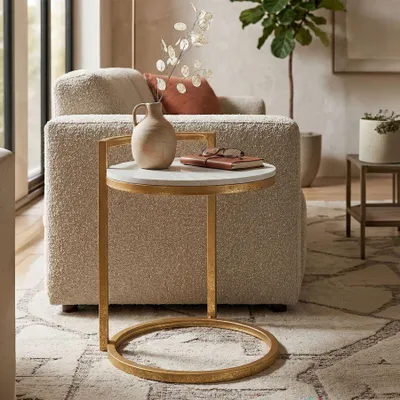 Immagine prodotto di Tavolino rotondo in marmo, dimensioni 40x43x50 cm, colore oro e bianco