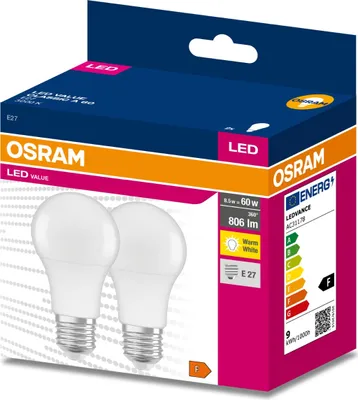 Obrázok produktu pre 2PAK LED žiarovka E27 A60 8,5W = 60W 806lm 3000K Warm 200° OSRAM VALUE
