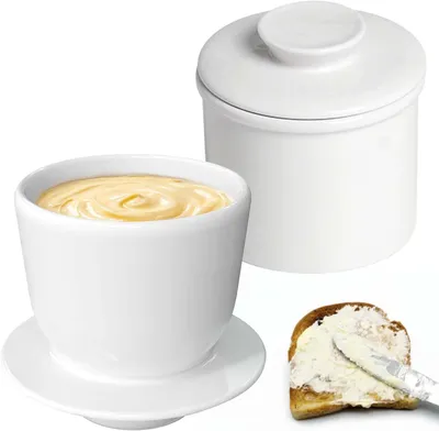 Image de Pot à beurre en céramique avec couvercle - Récipient à beurre avec cloche - Pot à beurre - Pour beurre à tartiner - Blanc