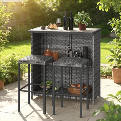 Produktbild von 3tlg Barset Bartisch Rattan Stehtisch Barhocker Gartenbar Set Rattan Sitzgruppe