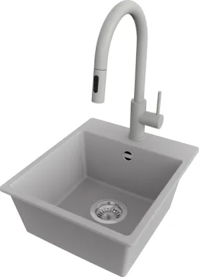 Produktbild von PRIMAGRAN Granitspüle Grau 38x44cm, Spülbecken 1 Becken + Küchenarmatur 40x20cm + Ablauf-Set, Küchenspüle ab 40er Unterschrank - Riga Easy