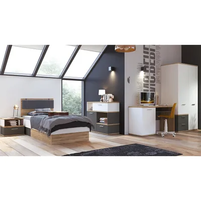 Produktbild von Jugendzimmer Komplett-Set TOMAR-129 mit Bett 90x200 cm in Eiche Nb. mit weiß und grau