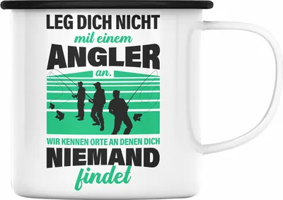 Produktbild von Trendation - Angler Emaille Tasse Geschenk für Männer Spruch Lustig für Fischer Geschenkidee Angeln Becher (Schwarz)