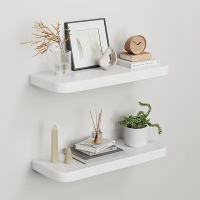 Image de Lot de 2 étagères murales en bois – étagères suspendues avec fixations invisibles, étagère rustique en bois pour le salon, la chambre ou la cuisine, étagère murale peu encombrante pour livres et objets de décoration, blanche