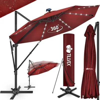 Immagine prodotto di tillvex® Premium ombrellone in alluminio 330 cm rosso + copertura e protezione dal vento | ombrellone a sbalzo 6 pieghevole regolabile con manovella | ombrellone da giardino ruotabile a 360° inclinabile | ombrellone a manovella UV50+ grande impermeabile