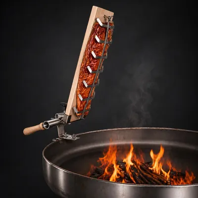 Produktbild von Flammlachsbrett 50x14 cm aus Buchenholz inkl. Edelstahlhalterung für Feuerschalen / Feuertonnen - stufenlos verstellbar