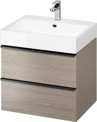 Productafbeelding van BADLAND Badmeubelset: Badkamerkast met keramisch wastafelblad, 2 lades. Model: VIRGO 60. Kleur: Grijs eikenhout, zwarte meugelknoppen