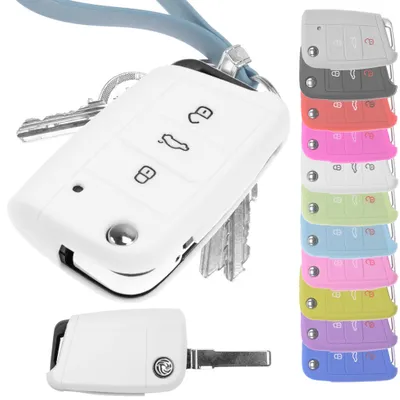 Produktbild von Auto Schlüssel Hülle Silikon Schutz Cover Weiß kompatibel mit Golf 7 Polo 6C Seat Ateca Arona Leon Skoda Octavia Superb Kodiaq 3 Tasten Klappschlüssel