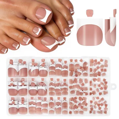 Image de Faux ongles à coller, 150 pièces, 15 tailles, style français, forme carrée, couleurs : marron, rose