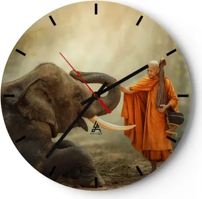 Produktbild von Wanduhr - Rund - Glasuhr - Elefant Mönch Stoßzahn - 30x30cm - Schleichendes Uhrwerk - Lautlos - zum Aufhängen bereit - Dekoration Modern - Wanddekoration aus Glas - C3AR30x30-3484