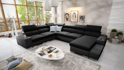 Produktbild von Wohnlandschaft in U-Form PERS VIII Ecksofa Rechts Eckcouch mit Schlaffunktion Schwarz Stoff SAWANA 14 + schwarzes Kunstleder