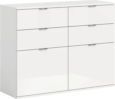 Produktbild von Schuhkommode >Projekt X< 4 Schübe, 2 Klappen, in weiß / weiß hochglanz - 120x85x34cm (BxHxT)