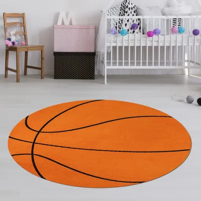 Produktbild von Runder Teppich Basketball-Optik Sport, Weich & Pflegeleicht für Kinder- & Jugendzimmer in Orange Schwarz Größe - 140 cm Rund