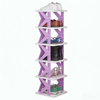 Image de Étagère pliante pour chaussures, 6 niveaux, en plastique, couleur violet, gain de place, portable