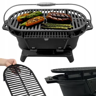 Obrázok produktu pre Hibachi gril na drevené uhlie liatinový 43x23 cm - stolný gril s nastaviteľným roštom