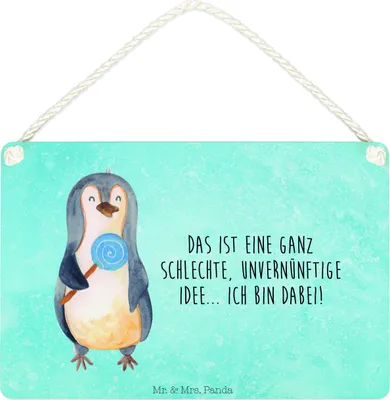 Produktbild von Mr. & Mrs. Panda Schild Pinguin Lolli DIN A4 - Eisblau - Geschenk, Türschild, Pinguine, Süßigkeiten, Unvernünftig, kleine aufmerksamkeit, wandtafel, Spruch, Wandbild Holz