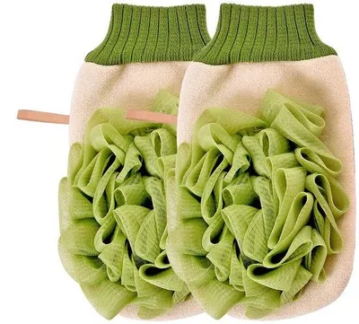 Image de Lot de 2 gants exfoliants, gants de douche 2-en-1, gants de gommage avec bras de douche (vert)