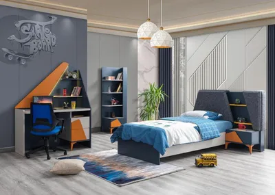 Produktbild von Schlafzimmer  Set Kinderzimmer Bett Nachttisch Schreibtisch Buecherregal Blau