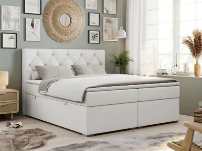 Produktbild von Boxspringbett 180x200 mit Bettkasten, Boxspringbett 180x200 mit Matratze, Doppelbett mit Matratze und Topper - Polsterbett mit Kopfteil - Stauraumbett - ALDA - 180x200 - Weiß - Kunstleder - H3