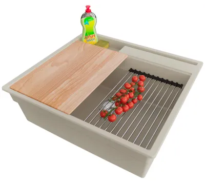 Produktbild von PRIMAGRAN Spülbecken Beige 58x53cm, Granitspüle 1 Becken + Ablauf-Set + Küchenzubehörset, Küchenspüle ab 60er Unterschrank - Oslo Pocket