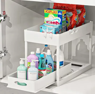 Produktbild von 2 Ebenen Küchenregal Badregal Spülschrankregal Unterschrankregal Schrank Organizer für Badezimmer-Küchen-Arbeitsplatte Weiß
