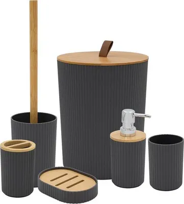 Productafbeelding van Famanu badkameraccessoireset met elegante houten accenten - grijs