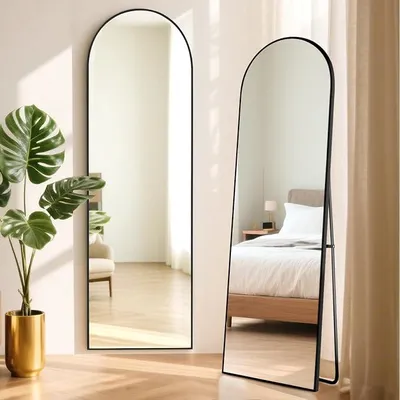 Immagine prodotto di Specchio a figura intera moderno, nero, 163x53 cm, specchio da terra curvo con cornice in alluminio, specchio da parete curvo in vetro di sicurezza, ideale per l'ingresso, la camera da letto o il soggiorno