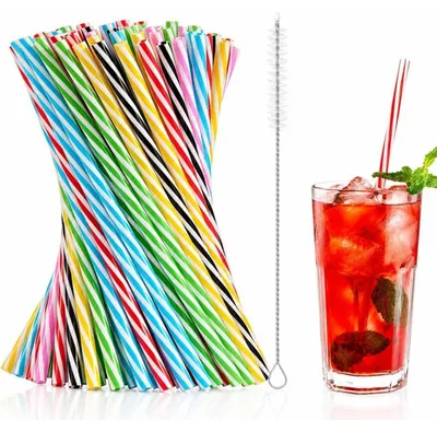 Productafbeelding van Herbruikbare rietjes, 100 stuks, met reinigingsborsteltje, van plastic, met regenboogstrepen, 23 cm lang