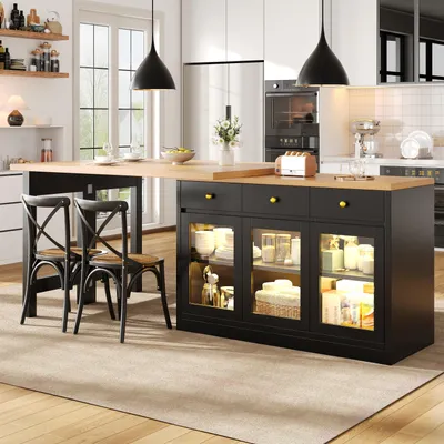 Produktbild von MODFU Kücheninsel Ausziehbar mit LED Beleuchtung und 3 Glastüren Esstisch Bartisch 3 Schubladen Küchenschrank mit Stauraum Für Esszimmer oder Küche geeignet Schwarz