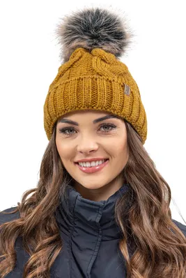 Immagine prodotto di Cappello a maglia Vivisence da donna - cappello a pompon per l'inverno e l'autunno - cappello con pompon - cappello invernale caldo - giallo scuro
