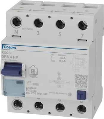 Productafbeelding van Doepke Fi-Schutzschalter, DFS4 040-4/0,30-HP, universeel, 40A, 0,3A, type N, links