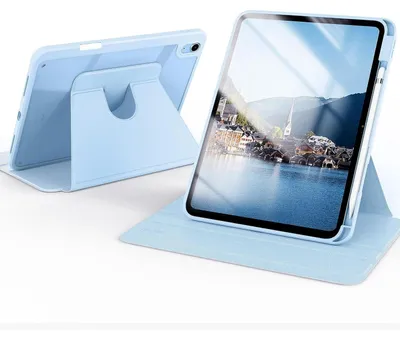 Image de Coque rotative pour iPad 11/10,9 pouces, 10e/11e génération, modèles 2022/2025, en acrylique transparent, blanc et bleu glacier, avec porte-stylet