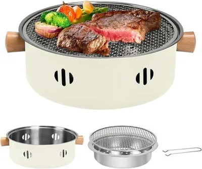 Zdjęcie produktu dla Jednoczęściowy mini grill stołowy, okrągły grill stołowy do użytku wewnątrz i na zewnątrz, wielofunkcyjny, bezdymny, idealny na uroczystości rodzinne, pikniki i kemping (beżowy).