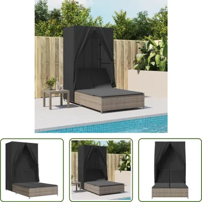 Produktbild von The Living Store Doppel-Sonnenliege mit Dach und Vorhängen Grau Poly Rattan