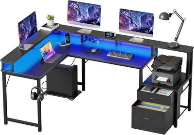 Zdjęcie produktu dla Biurko narożne z szufladami - biurko - do pracy w domu i zabawy - z wbudowanymi gniazdkami elektrycznymi - 168 x 100 cm - czarne