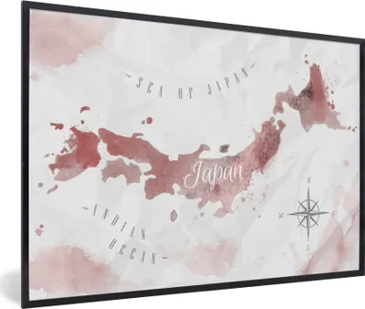 Produktbild von MuchoWow® MuchoWow® Gerahmtes Poster Karte - Japan - Aquarell - Rot 30x20 cm - Poster mit zchwarzem Bilderrahmen - Kunstdruck - Bild-Poster