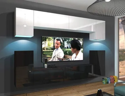 Produktbild von Furnitech Wohnwand Wohnzimmer - Wohnzimmer Möbel mit LED RGB - 16 Farben - Hängend Wohnwand Modern - Wohnzimmer Schrankwand mit Regale und TV Schrank (Rodos AN43-17BW-HG27 1A)