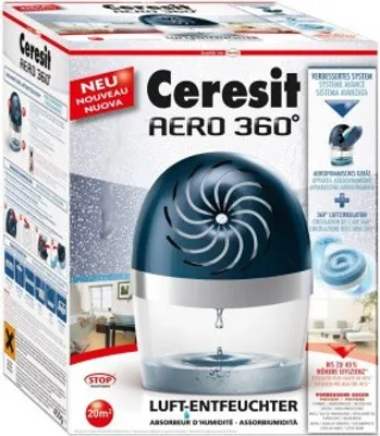 The image shows the retail packaging of a Ceresit AERO 360° dehumidifier.