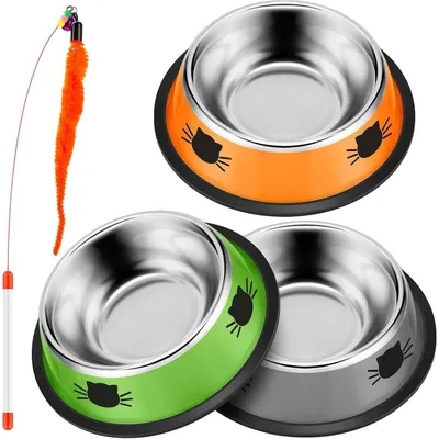 Produktbild von Katzennapf 3er Set mit Katzenspielzeug, Edelstahl, rutschfest, orange+grün+grau, 15,5x11x4 cm