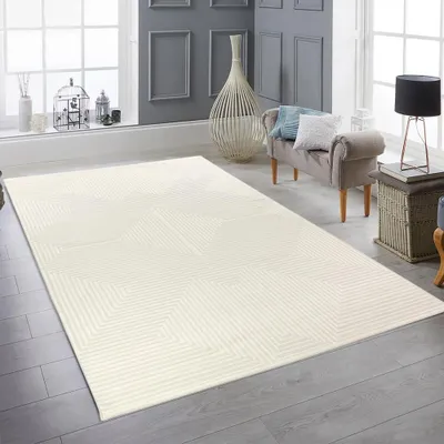 Produktbild von Moderner Kurzflorteppich Creme geometrisches Design mit Glanzstruktur für Wohnzimmer Schlafzimmer und Flur Größe - 140 x 200 cm